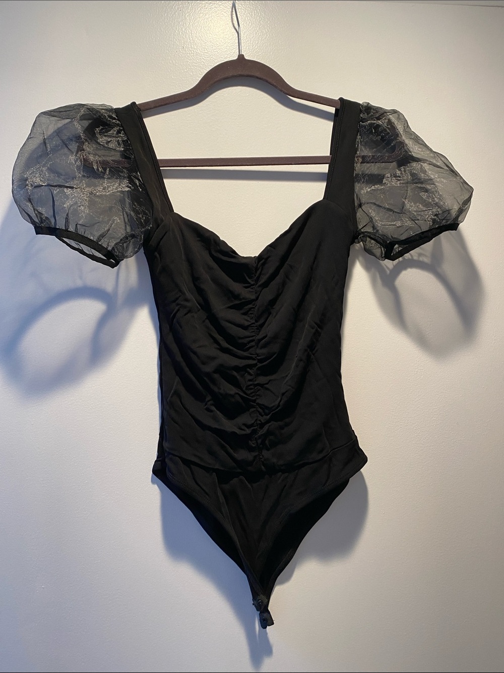 Zara Black Ruched Puff Sleeve Square-Neck Bodysuit